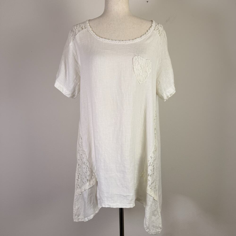 Un Coeur En Ete Boho Lagenlook Tunic Top/Dress 42 Linen White Lace Trim Italy